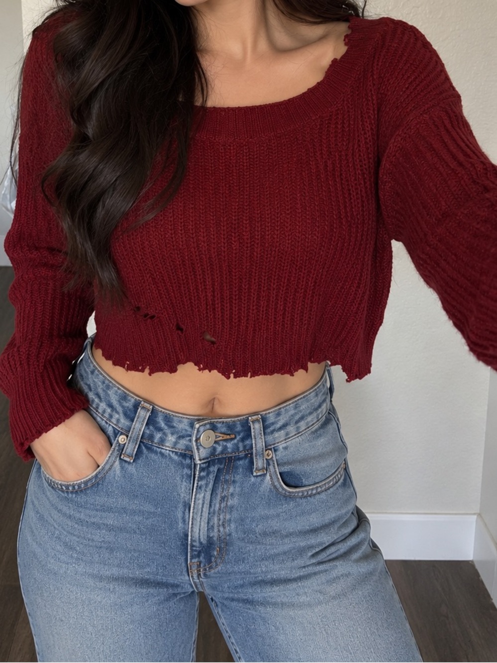 Forever 21 Cropped Distressed Rib-Knit Sweater - Burgundy